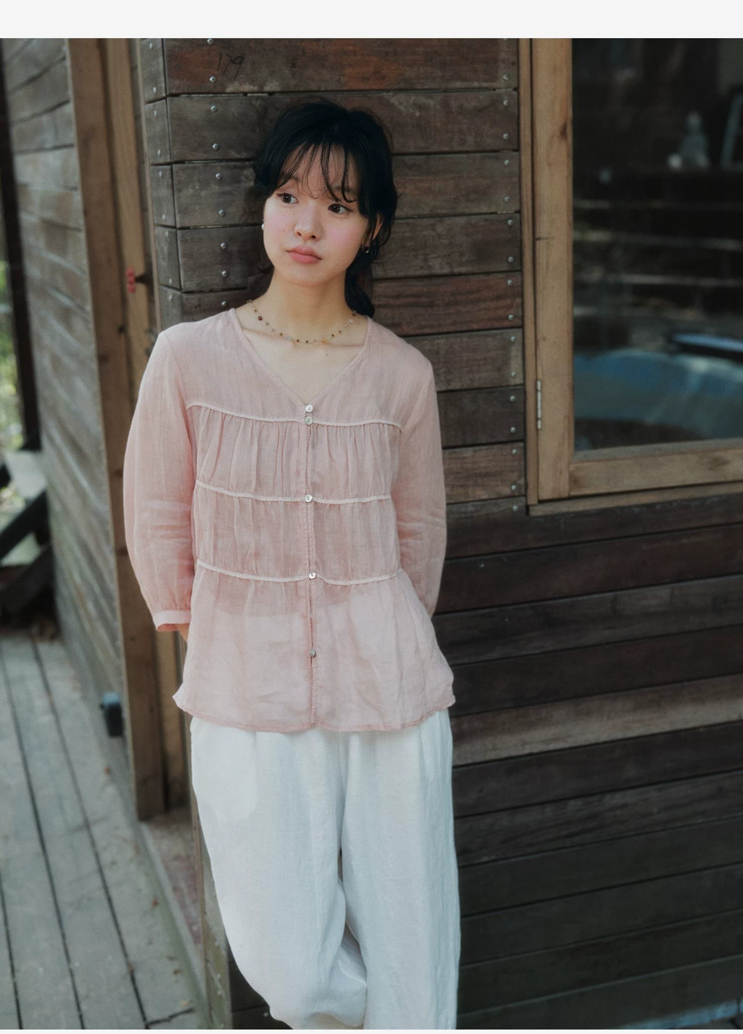 면 린넨 무거운 작업 V넥 7부 소매 셔츠 여름 자외선 차단 다용도 상세 이미지 29