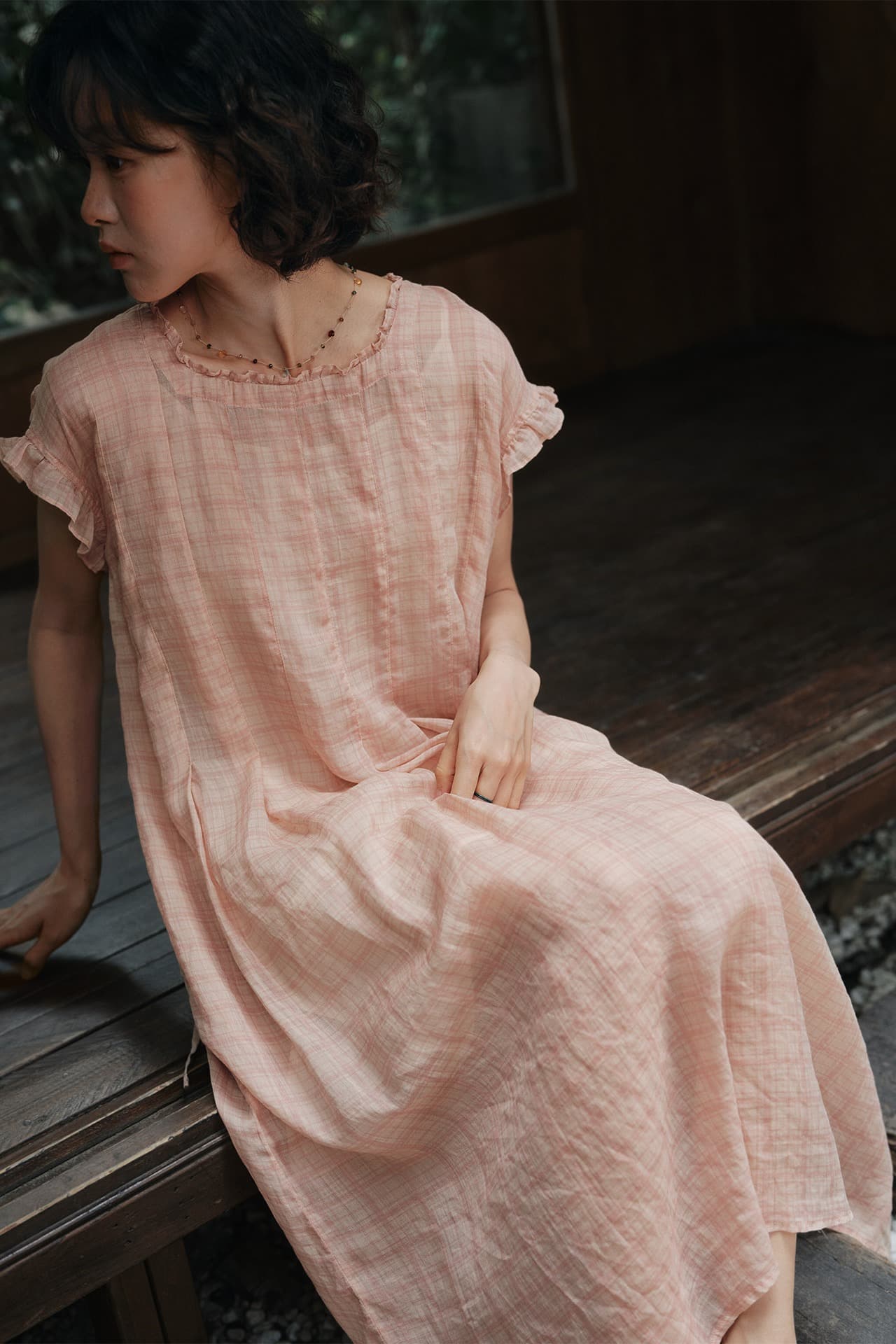 면 린넨 분말 체크무늬 광장 칼라 프릴 드레스 여름 여성 슬립 사용 가능 이미지 6