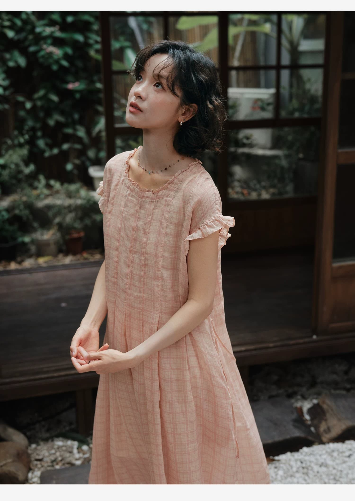 면 린넨 분말 체크무늬 광장 칼라 프릴 드레스 여름 여성 슬립 사용 가능 상세 이미지 10