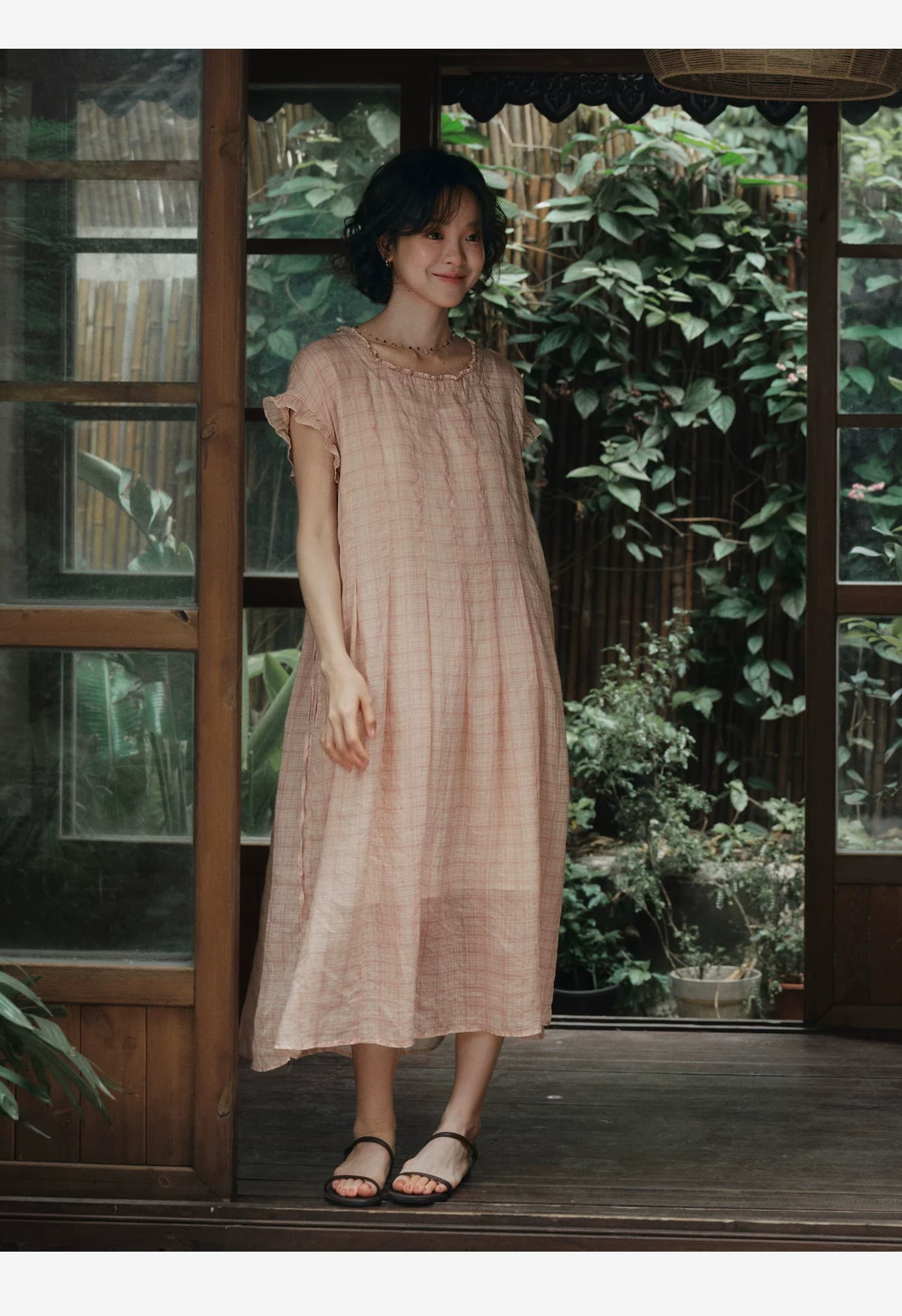 면 린넨 분말 체크무늬 광장 칼라 프릴 드레스 여름 여성 슬립 사용 가능 상세 이미지 27
