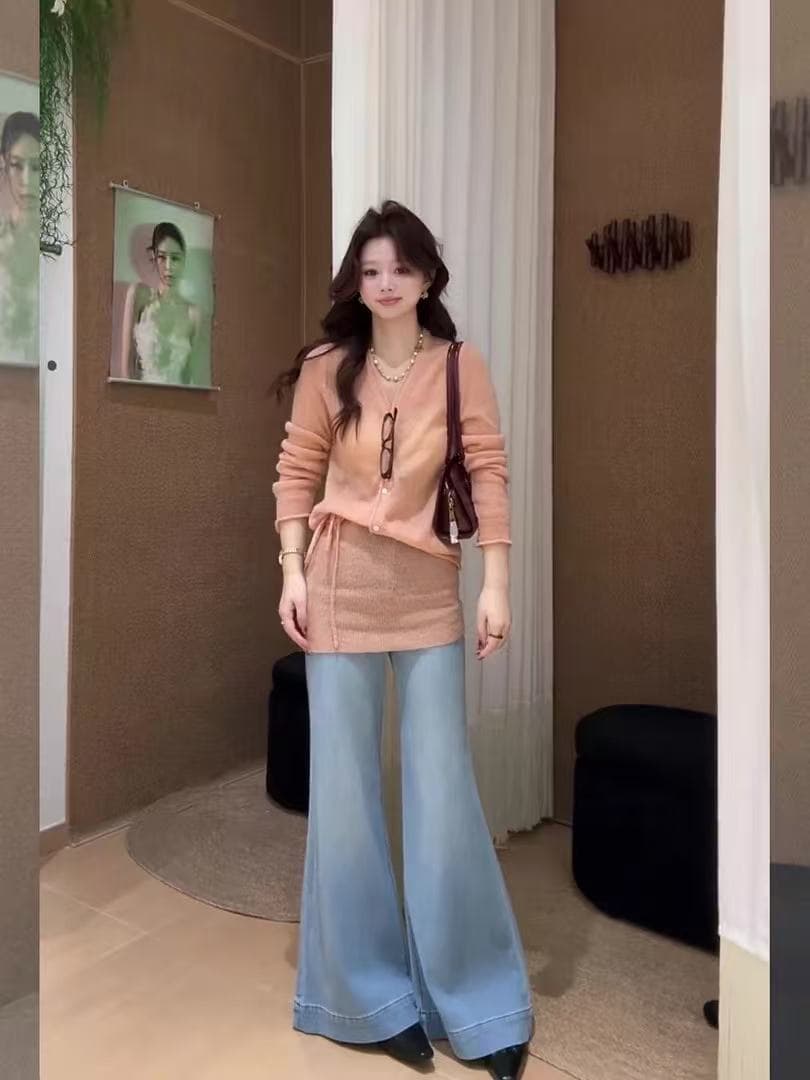 한 부서 전체 집합 ootd 착용 가져 가라. 부드러운 바람 니트 오픈 가디건 랩스커트팬츠 디자인 센스 데님 부츠컷 바지 품격 세트 이미지 3