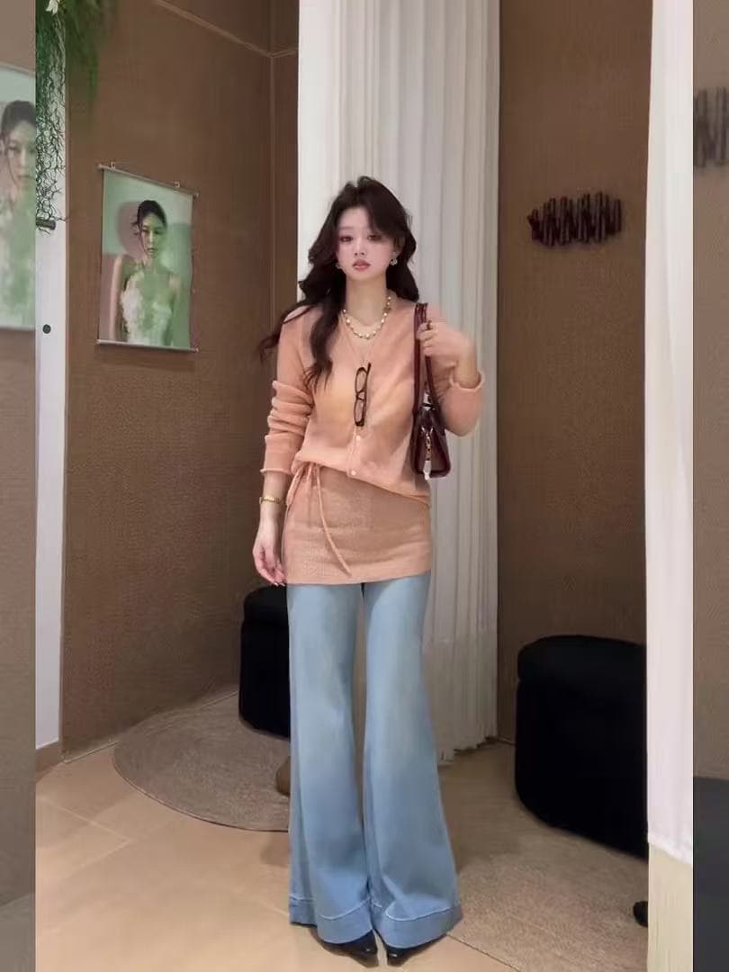 한 부서 전체 집합 ootd 착용 가져 가라. 부드러운 바람 니트 오픈 가디건 랩스커트팬츠 디자인 센스 데님 부츠컷 바지 품격 세트 이미지 4