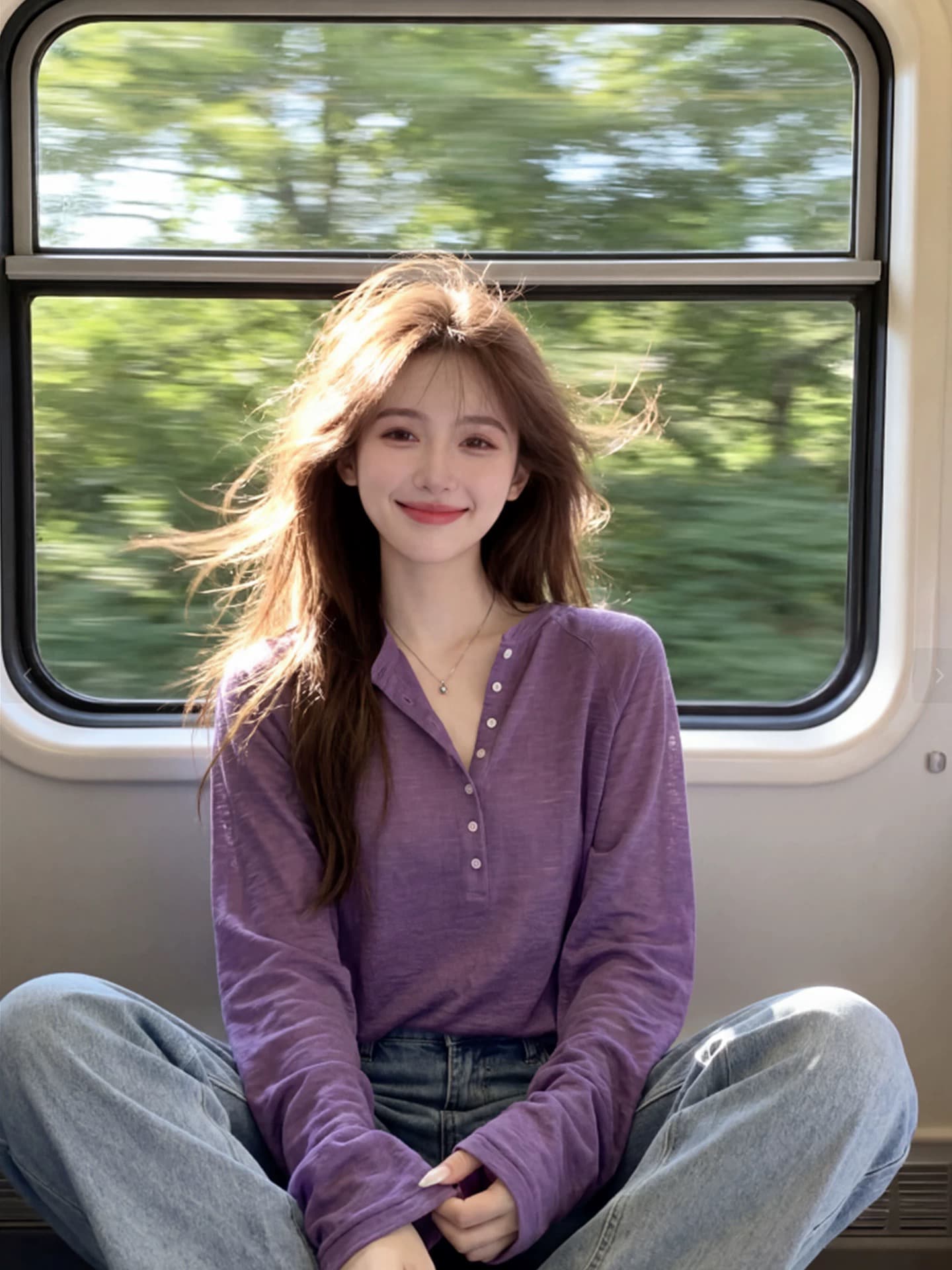 작은 키 보라색 헨리 칼라 긴팔 니트 블라우스 여성 여름 Tulle 외부 가져 가라. 느긋한 바람 루즈핏 자외선 차단 맨위 상세 이미지 1