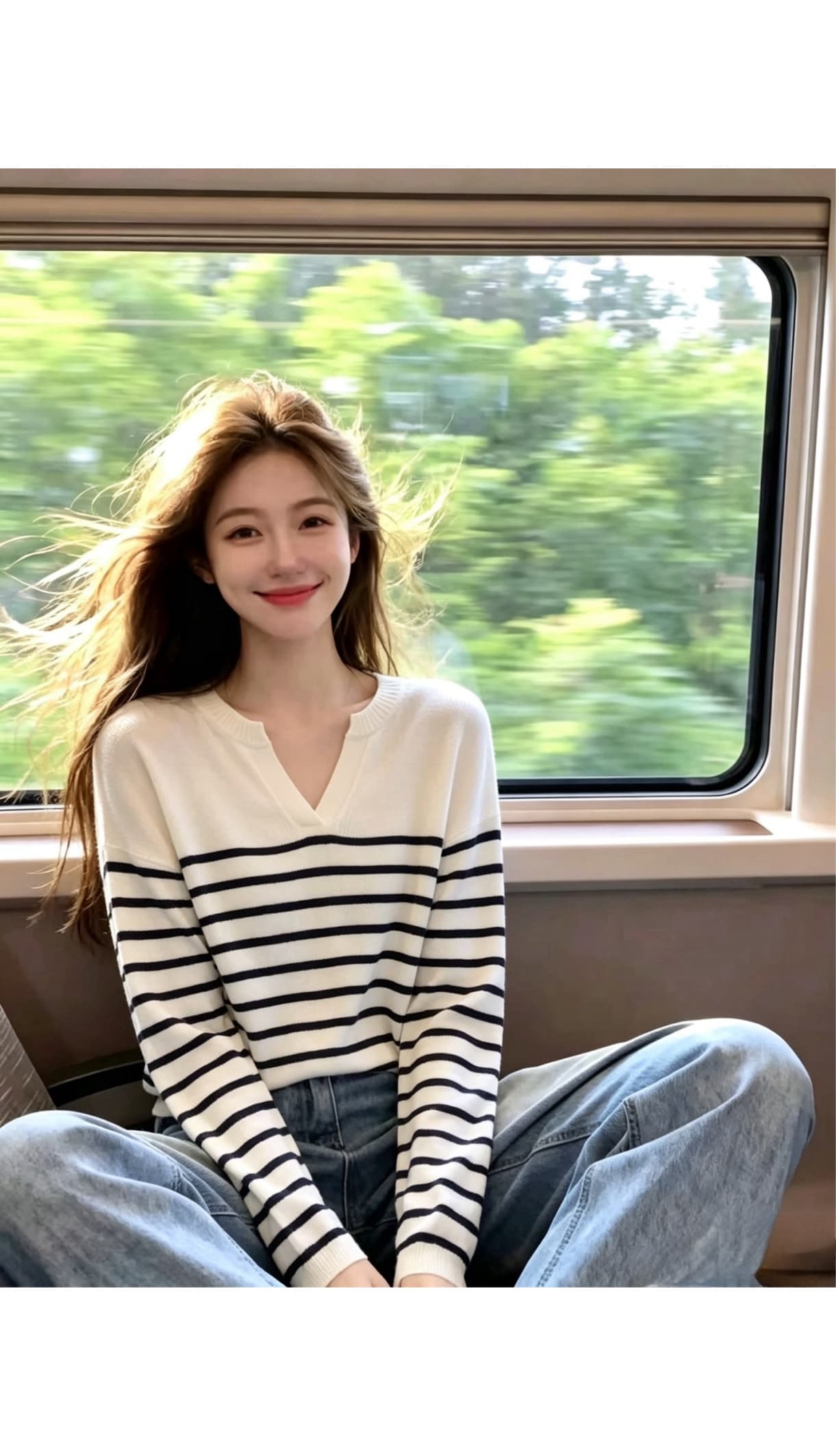 부드러운 부서 한국 스타일 느긋한 바람 V넥 그리고 종이 실 스트라이프 니트 스웨터 여성 여름 루즈핏 슬림해 보이는 출퇴근 품격