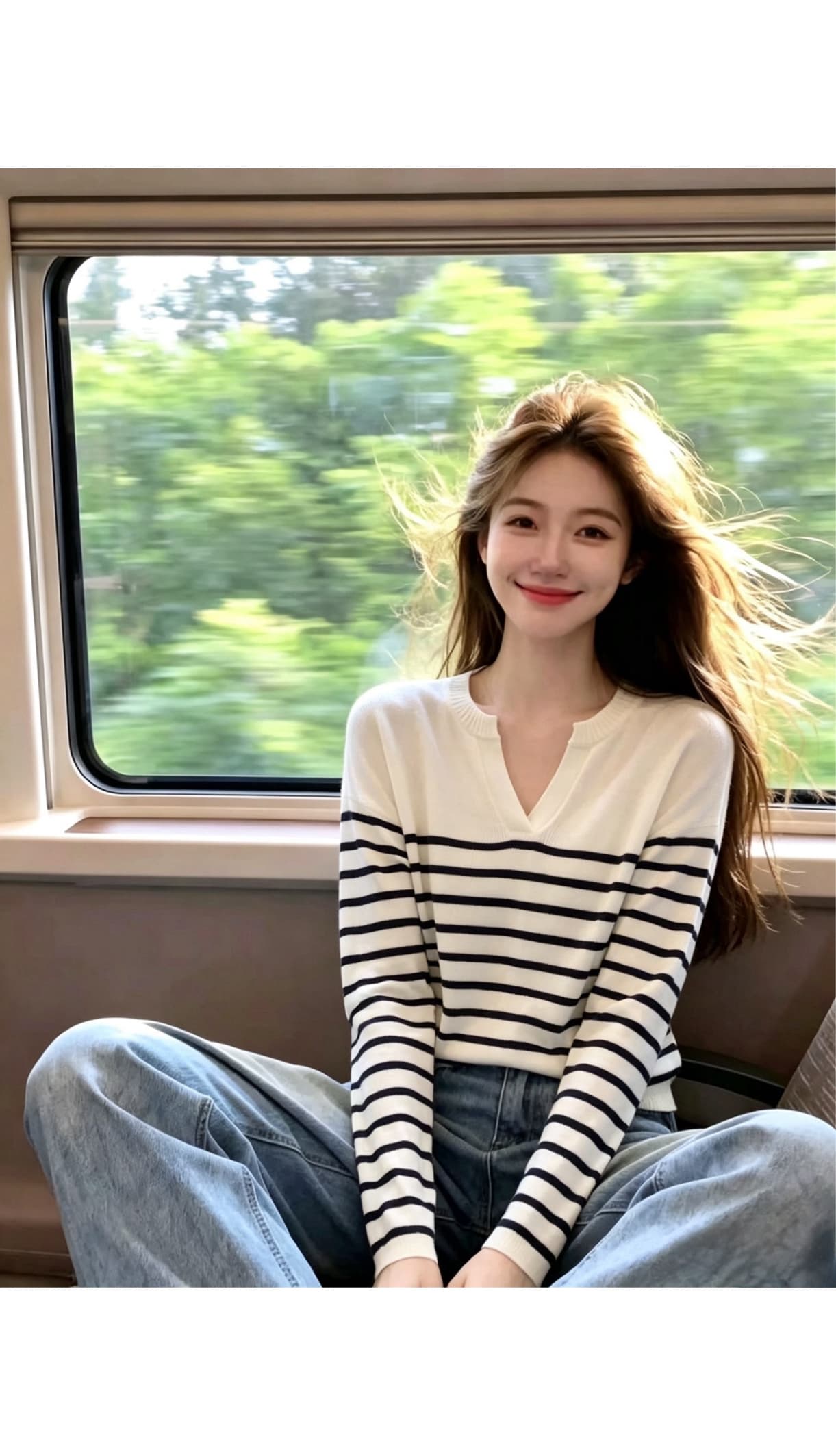 부드러운 부서 한국 스타일 느긋한 바람 V넥 그리고 종이 실 스트라이프 니트 스웨터 여성 여름 루즈핏 슬림해 보이는 출퇴근 품격 이미지 2