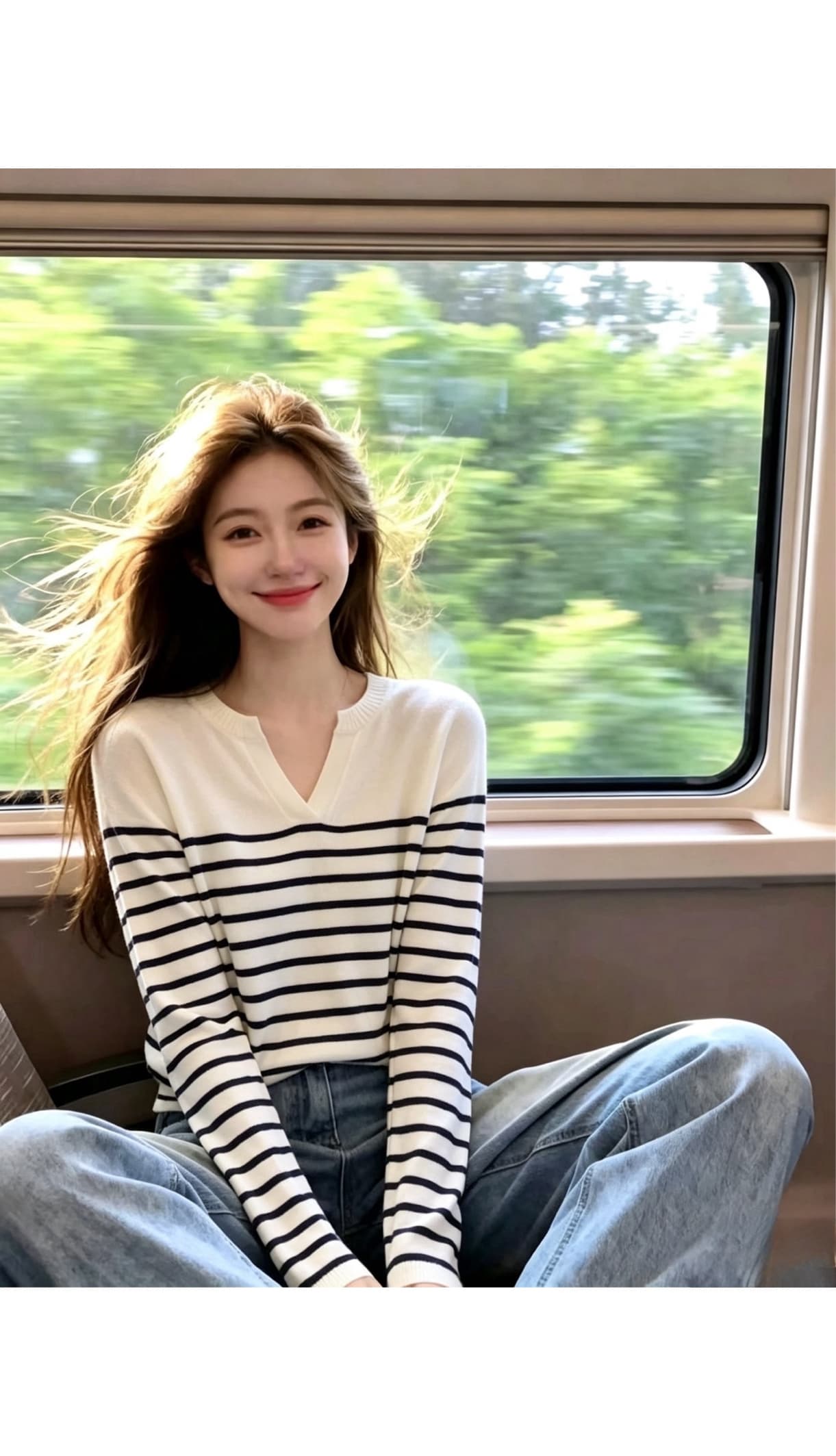 부드러운 부서 한국 스타일 느긋한 바람 V넥 그리고 종이 실 스트라이프 니트 스웨터 여성 여름 루즈핏 슬림해 보이는 출퇴근 품격 상세 이미지 3