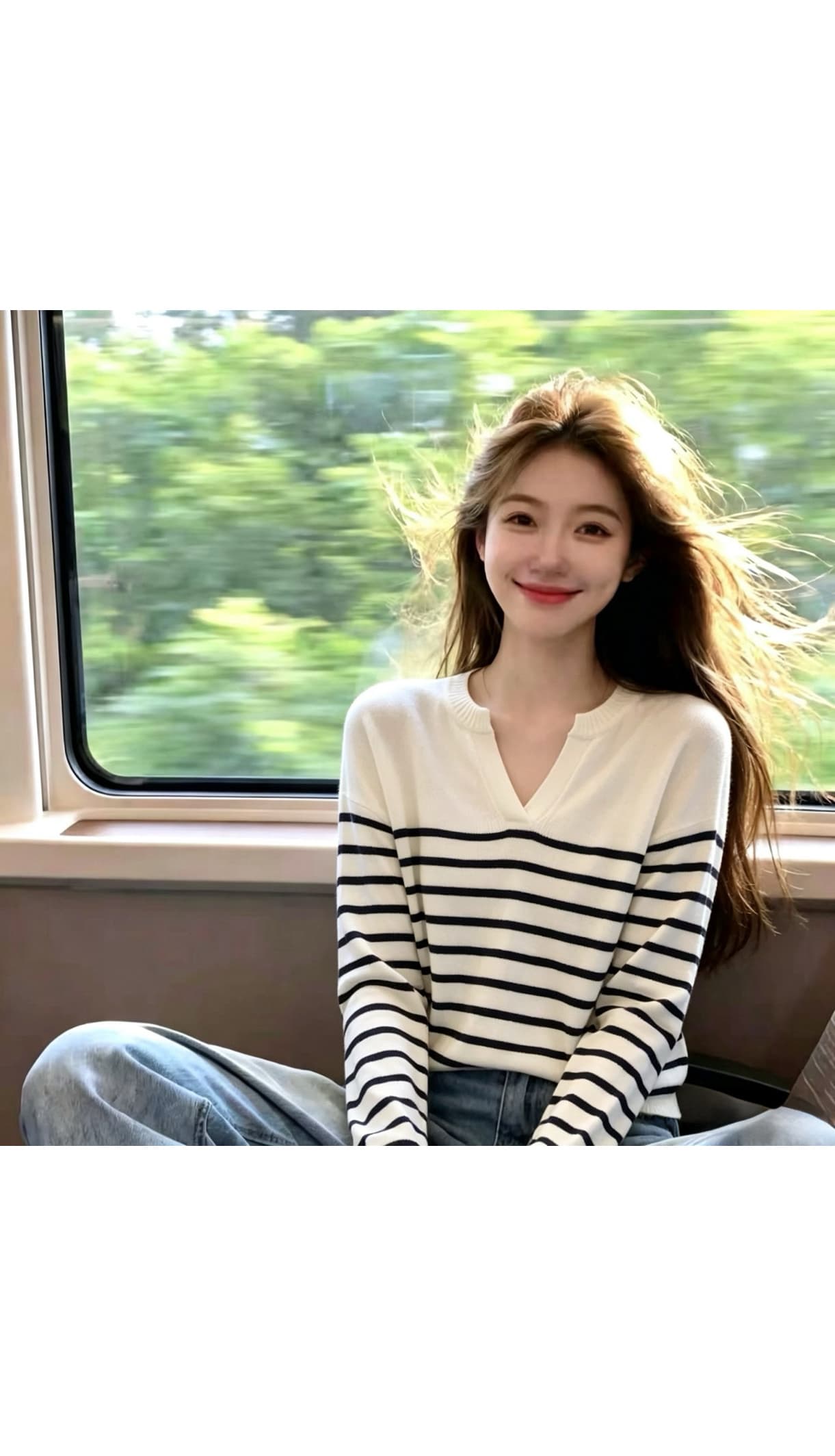 부드러운 부서 한국 스타일 느긋한 바람 V넥 그리고 종이 실 스트라이프 니트 스웨터 여성 여름 루즈핏 슬림해 보이는 출퇴근 품격 상세 이미지 5