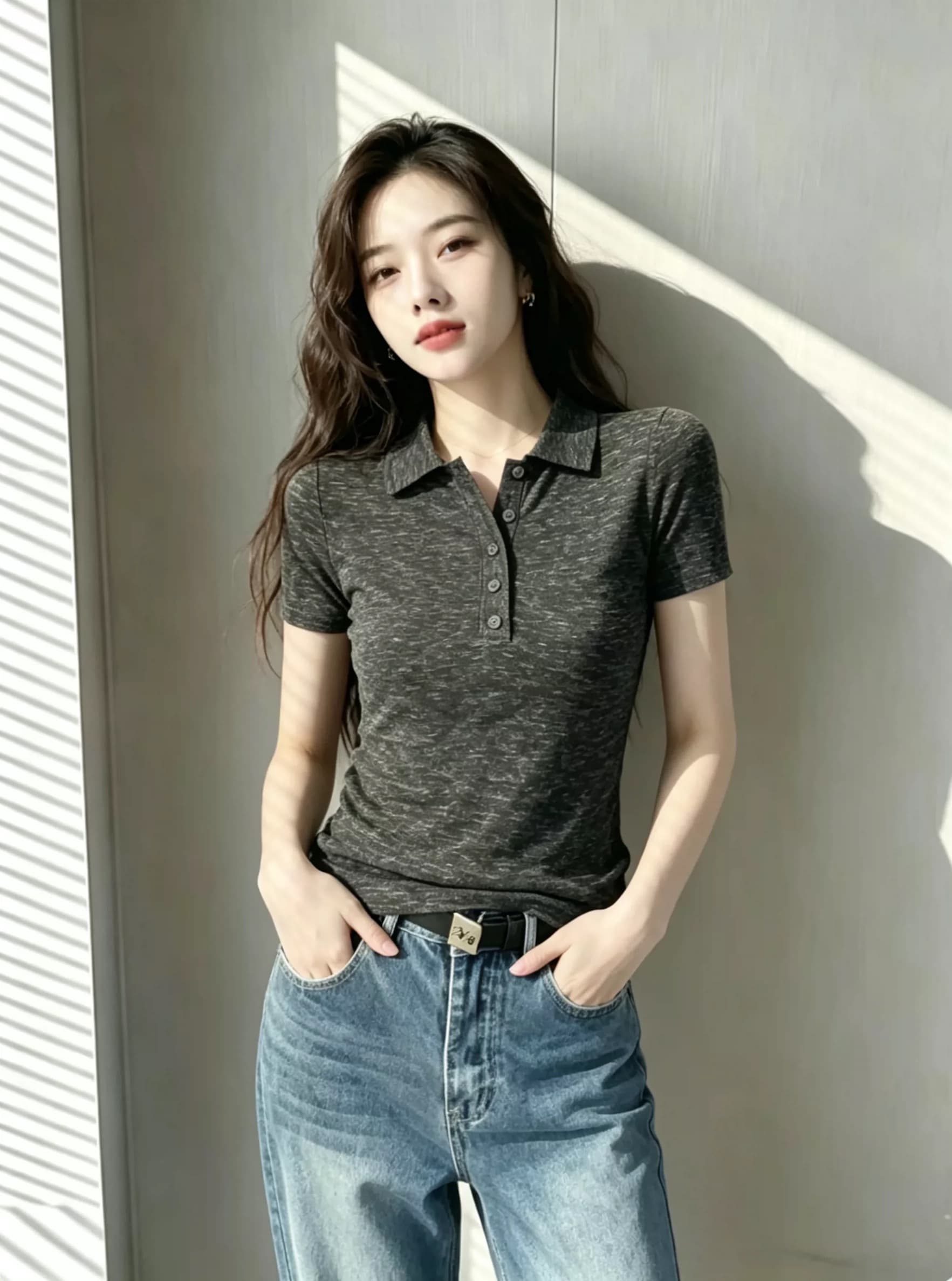 아름다운 외국 가스 니트 POLO 칼라 긍정적 인 어깨 반팔 티셔츠 여성 여름 새로운 꽃 실 몸매 가꾸기 슬림해 보이는 얇은 스타일 맨위 이미지 3
