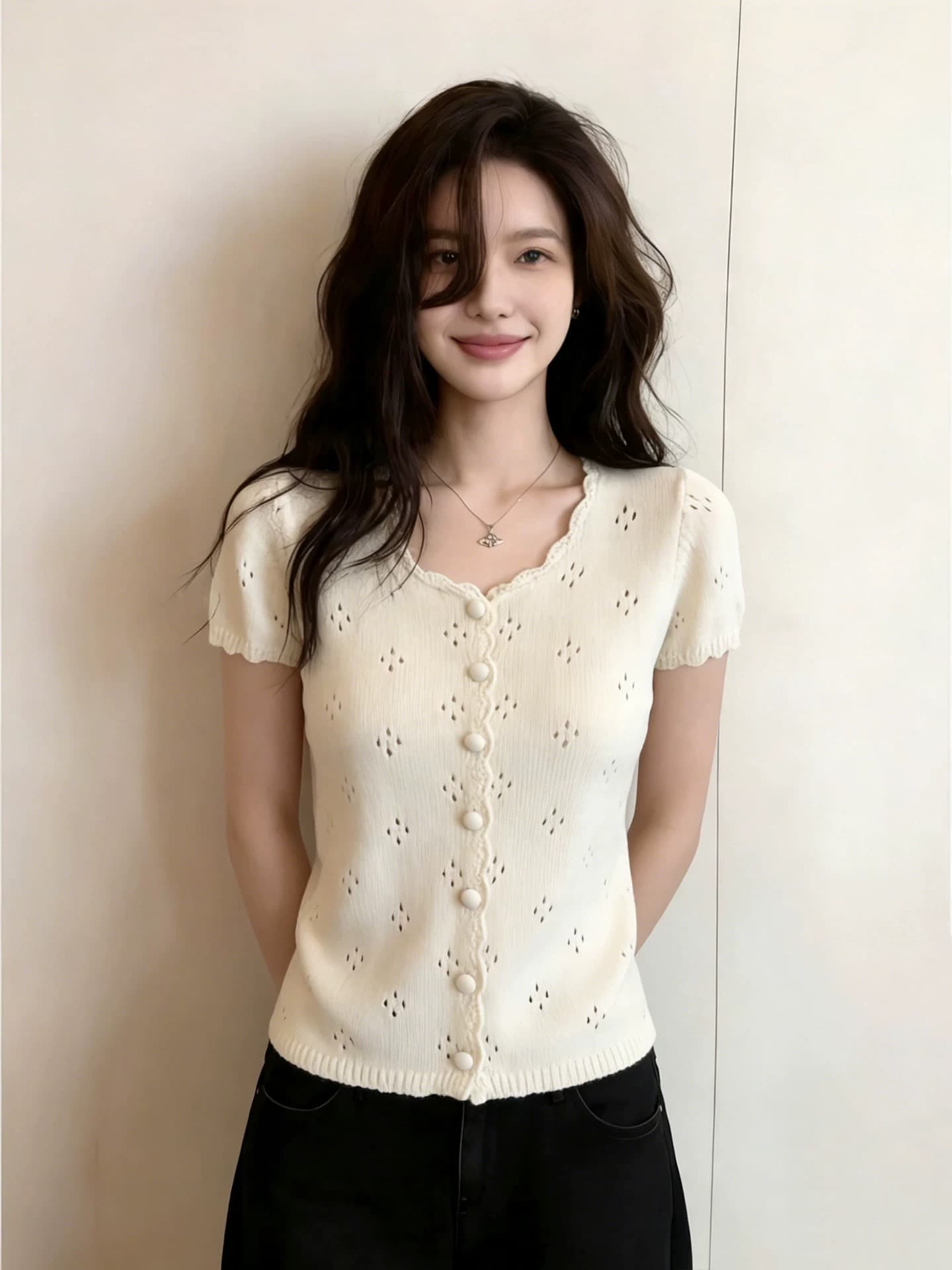 프랑스식 화이트 홀로우 아웃 얼음 실크 반팔 니트 오픈 가디건 여성 여름 빛 럭셔리 고급 센스 몸매 가꾸기 슬림해 보이는 얇은 스타일 맨위 상세 이미지 3