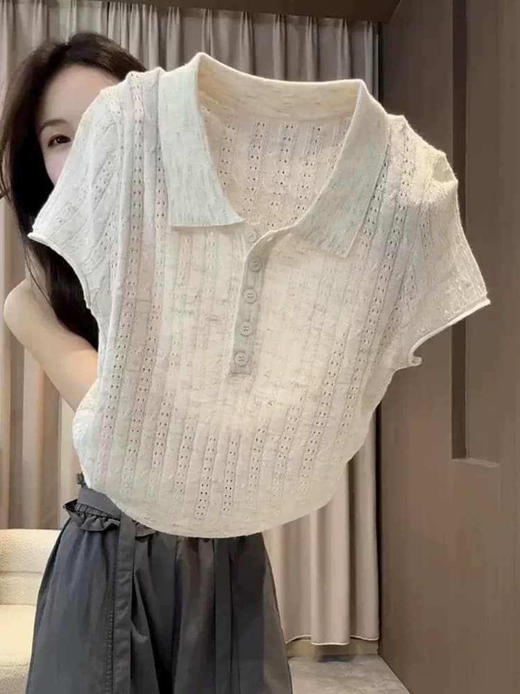달콤함 부드러운 바람 착용 가져 가라. 여성 여름 핑크색 POLO 칼라 반팔 니트 스웨터 얇은 스타일 통기성 구덩이 기사 슬림해 보이는 맨위