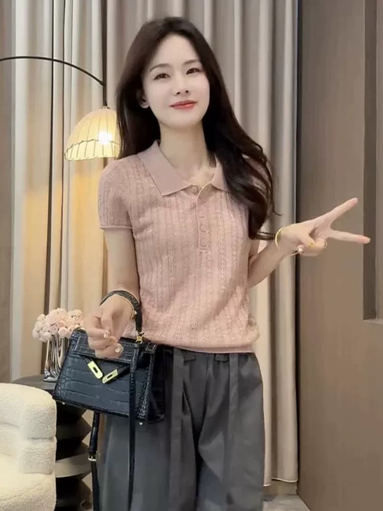 달콤함 부드러운 바람 착용 가져 가라. 여성 여름 핑크색 POLO 칼라 반팔 니트 스웨터 얇은 스타일 통기성 구덩이 기사 슬림해 보이는 맨위 이미지 3