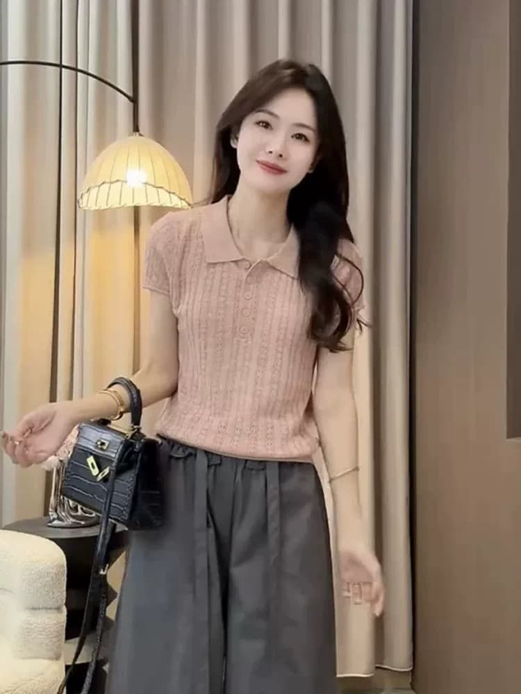 달콤함 부드러운 바람 착용 가져 가라. 여성 여름 핑크색 POLO 칼라 반팔 니트 스웨터 얇은 스타일 통기성 구덩이 기사 슬림해 보이는 맨위 상세 이미지 4