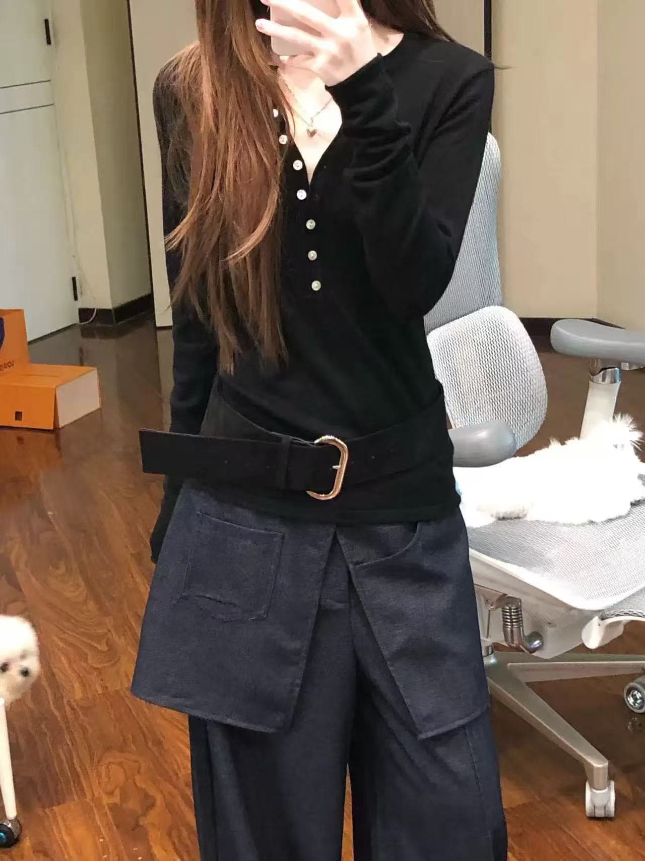 이른 가을 착용 가져 가라. 슬림해 보이는 단추 긴팔 니트 티셔츠 여성 2026 새로운 폭발 한 부서 느긋한 느슨함 센스 맨위 이미지 4