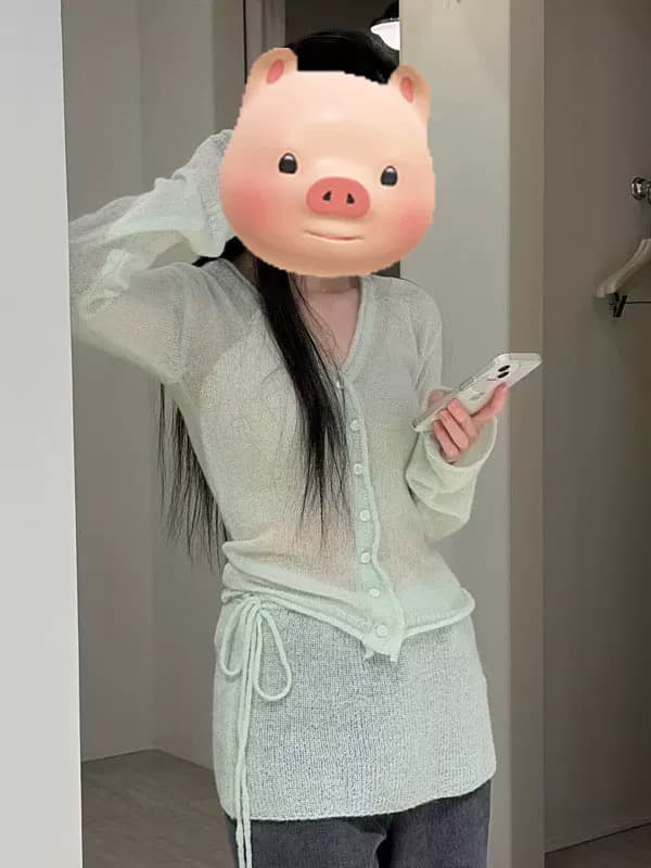 자이언트 잘 생긴 ~ 중 부드러운 바람 녹색 긴팔 니트 오픈 가디건 여성 봄 몸매 가꾸기 슬림해 보이는 고유 한 아름다운 스웨터 맨위 상세 이미지 1