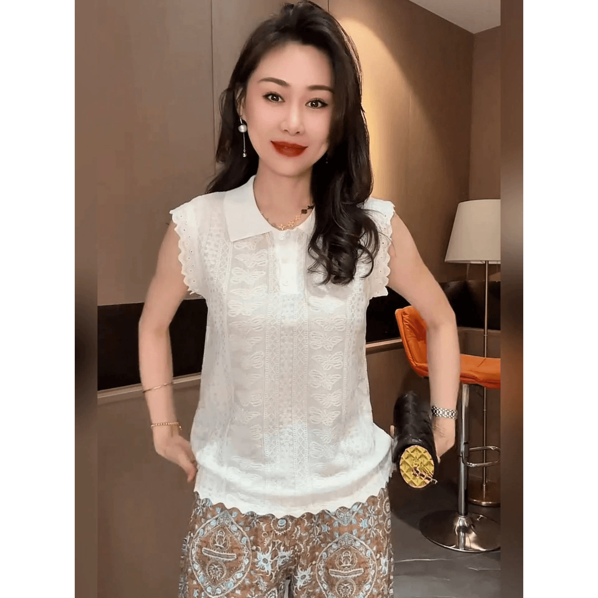 화이트 자카드 레이스 POLO 셔츠 여성 여름 폴로 칼라 얼음 실크 니트 셔츠 표시 얇고 작은 날다 소매 티셔츠 얇은 스타일 맨위 이미지 5