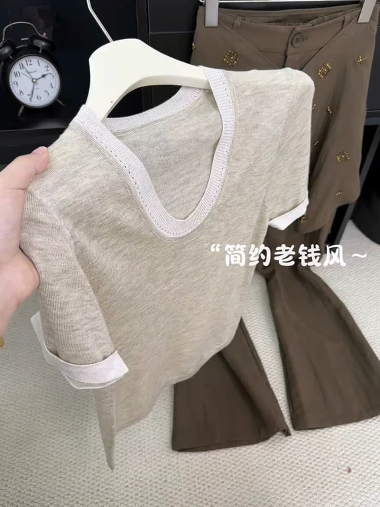 미니멀리즘 오래된 돈 바람 오트밀 색상 u 칼라 반팔 티셔츠 여성 출퇴근 다용도 슬림해 보이는 니트 스웨터 맨위