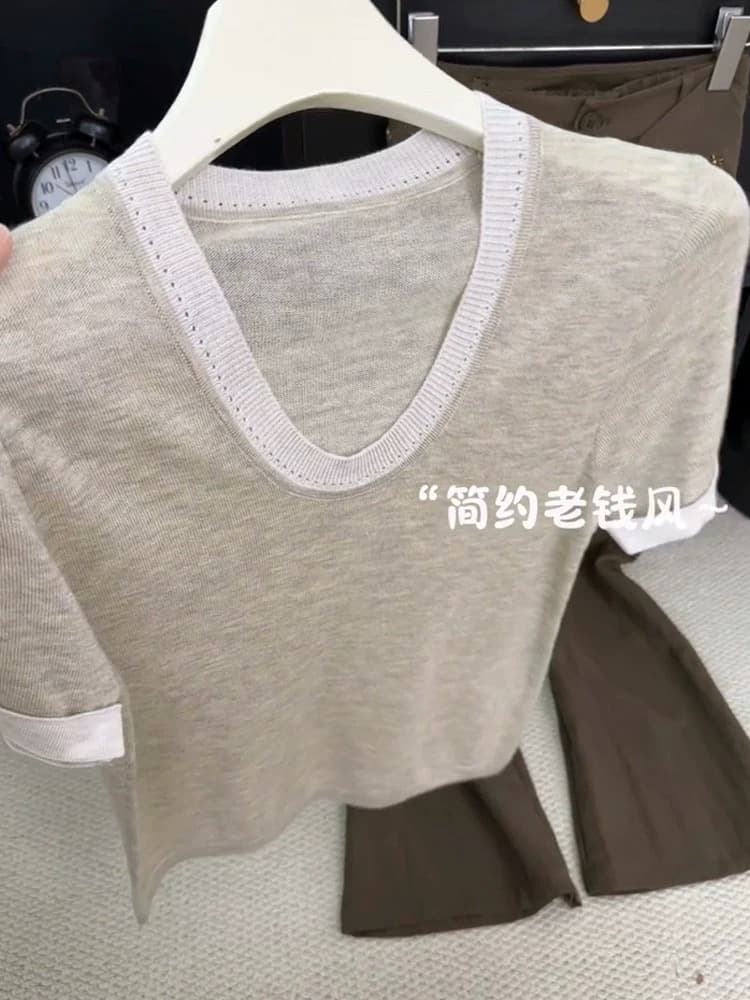 미니멀리즘 오래된 돈 바람 오트밀 색상 u 칼라 반팔 티셔츠 여성 출퇴근 다용도 슬림해 보이는 니트 스웨터 맨위 상세 이미지 3