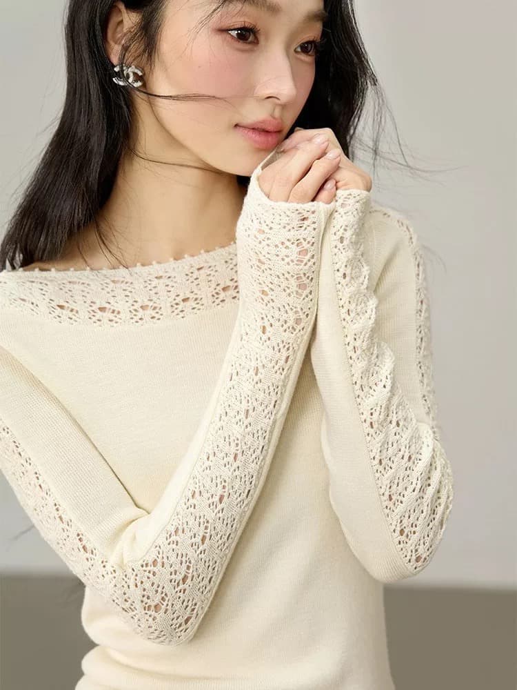 프랑스식 디자인 센스 작은 대중 보트넥 홀로우 아웃 자수 만나는 니트 스웨터 여성 봄 가을 인사이드 가져 가라. 홀로우 아웃 긴팔 맨위
