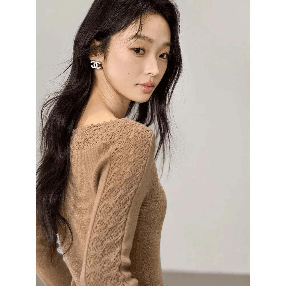프랑스식 디자인 센스 작은 대중 보트넥 홀로우 아웃 자수 만나는 니트 스웨터 여성 봄 가을 인사이드 가져 가라. 홀로우 아웃 긴팔 맨위 이미지 5