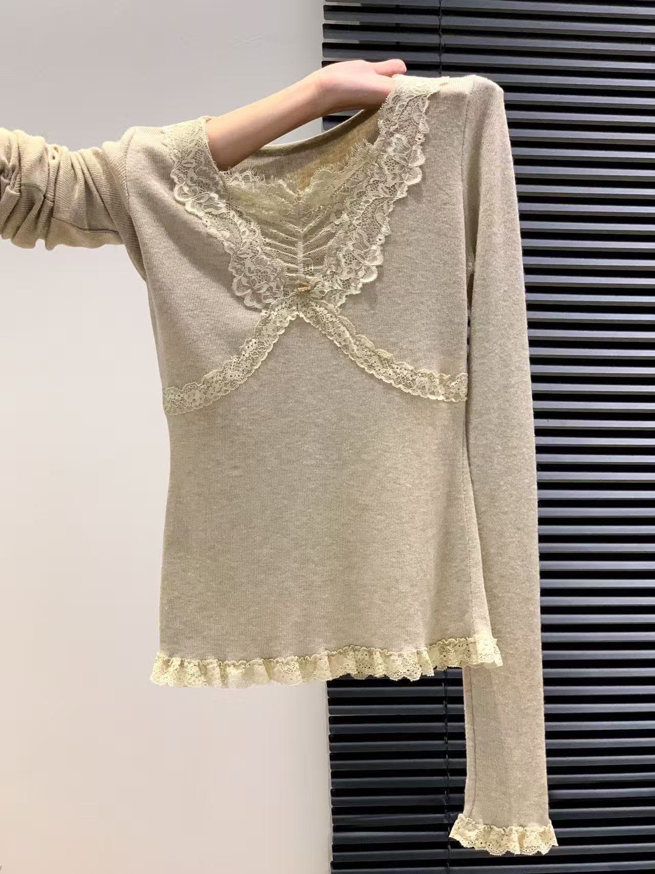 레이스 조각 V넥 긴팔 티셔츠 여성 가을 겨울 새로운 몸매 가꾸기 슬림해 보이는 De 플러시 인사이드 가져 가라. 순수한 욕망 핫걸 만나는 맨위 이미지 3