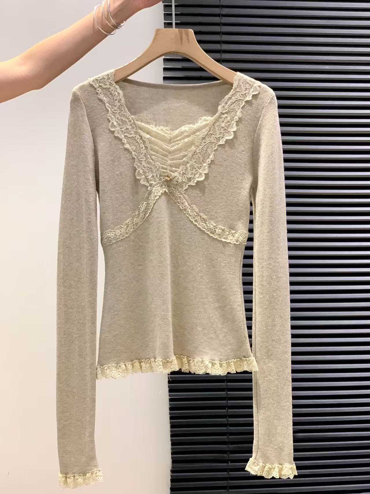 레이스 조각 V넥 긴팔 티셔츠 여성 가을 겨울 새로운 몸매 가꾸기 슬림해 보이는 De 플러시 인사이드 가져 가라. 순수한 욕망 핫걸 만나는 맨위 상세 이미지 1