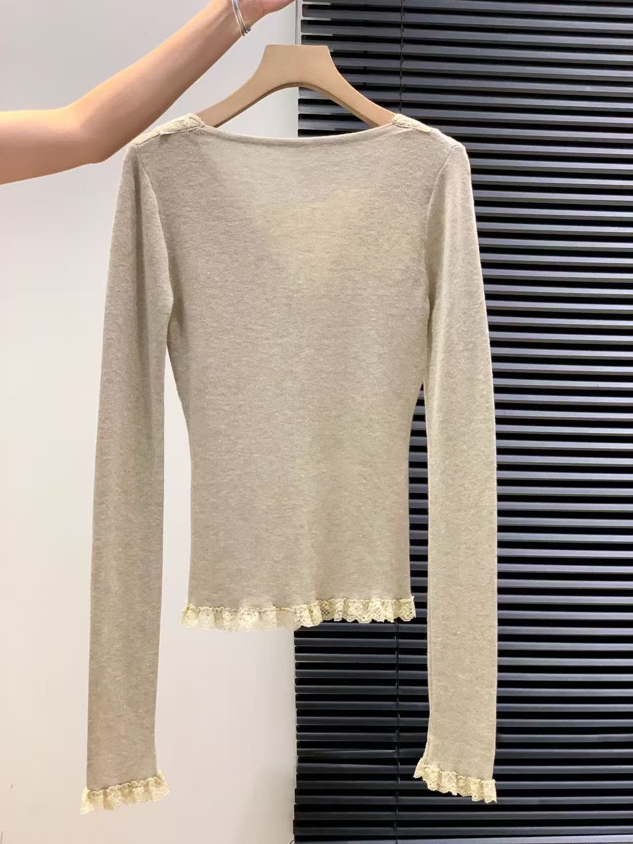레이스 조각 V넥 긴팔 티셔츠 여성 가을 겨울 새로운 몸매 가꾸기 슬림해 보이는 De 플러시 인사이드 가져 가라. 순수한 욕망 핫걸 만나는 맨위 상세 이미지 5