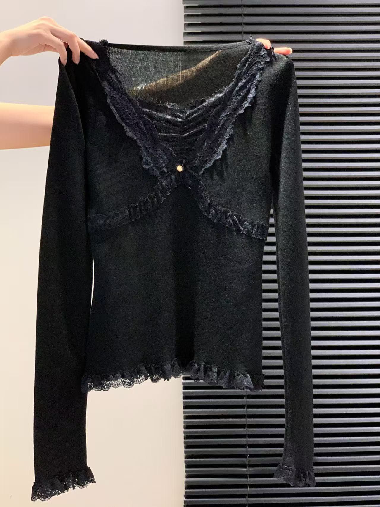 레이스 조각 V넥 긴팔 티셔츠 여성 가을 겨울 새로운 몸매 가꾸기 슬림해 보이는 De 플러시 인사이드 가져 가라. 순수한 욕망 핫걸 만나는 맨위 상세 이미지 9