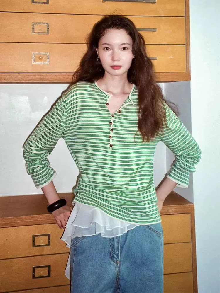 프랑스식 레트로 배색 스트라이프 긴팔 니트 티셔츠 기본 셔츠 여성 가을 헨리 칼라 느슨함 센스 루즈핏 맨위 상세 이미지 5