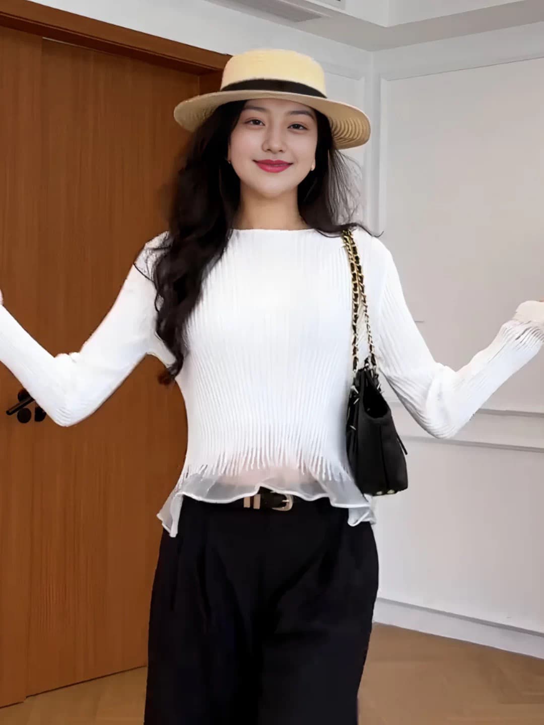 빅 사이즈 검정색 프릴 망사 나팔 소매 맨위 여성 이른 가을 기본 셔츠 마이크로 지방 mm 표지 고기 슬림해 보이는 니트 스웨터 이미지 2