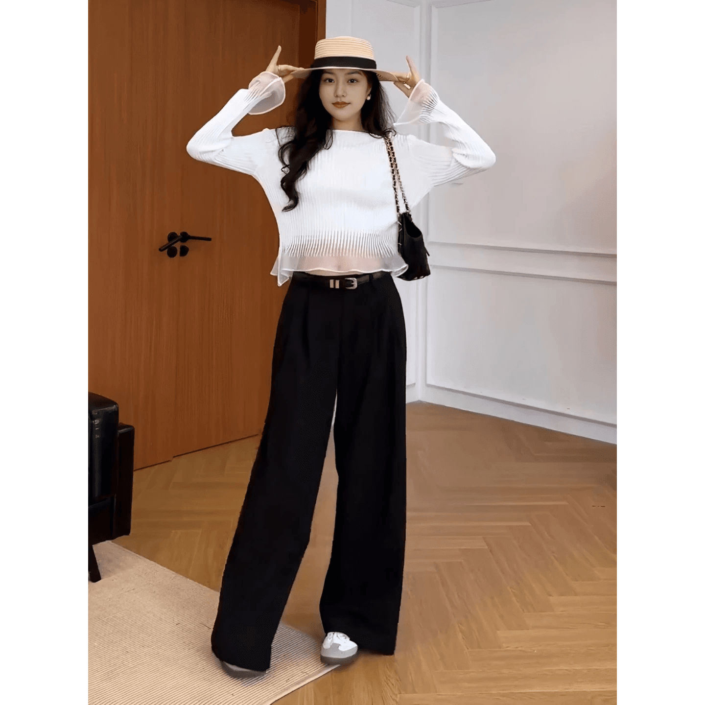 빅 사이즈 검정색 프릴 망사 나팔 소매 맨위 여성 이른 가을 기본 셔츠 마이크로 지방 mm 표지 고기 슬림해 보이는 니트 스웨터 이미지 5