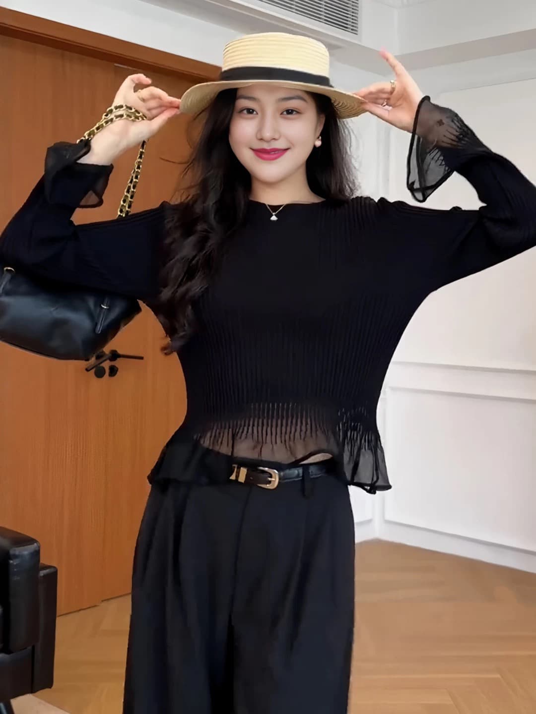 빅 사이즈 검정색 프릴 망사 나팔 소매 맨위 여성 이른 가을 기본 셔츠 마이크로 지방 mm 표지 고기 슬림해 보이는 니트 스웨터 상세 이미지 1