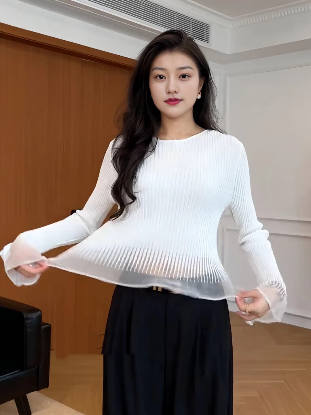 빅 사이즈 검정색 프릴 망사 나팔 소매 맨위 여성 이른 가을 기본 셔츠 마이크로 지방 mm 표지 고기 슬림해 보이는 니트 스웨터 상세 이미지 3
