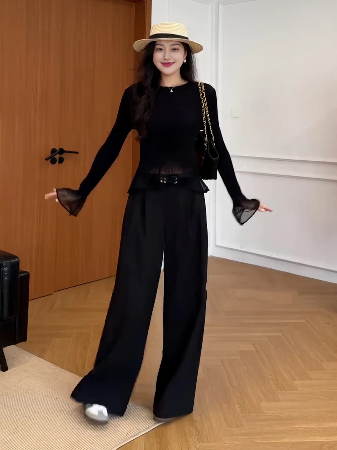빅 사이즈 검정색 프릴 망사 나팔 소매 맨위 여성 이른 가을 기본 셔츠 마이크로 지방 mm 표지 고기 슬림해 보이는 니트 스웨터 상세 이미지 4