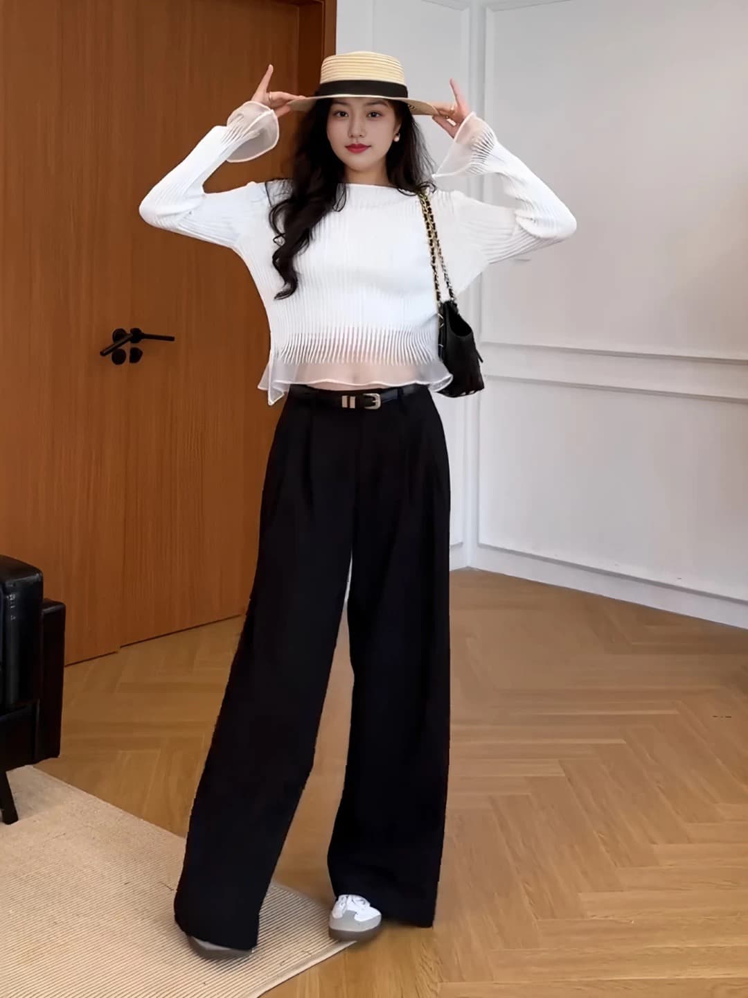 빅 사이즈 검정색 프릴 망사 나팔 소매 맨위 여성 이른 가을 기본 셔츠 마이크로 지방 mm 표지 고기 슬림해 보이는 니트 스웨터 상세 이미지 5