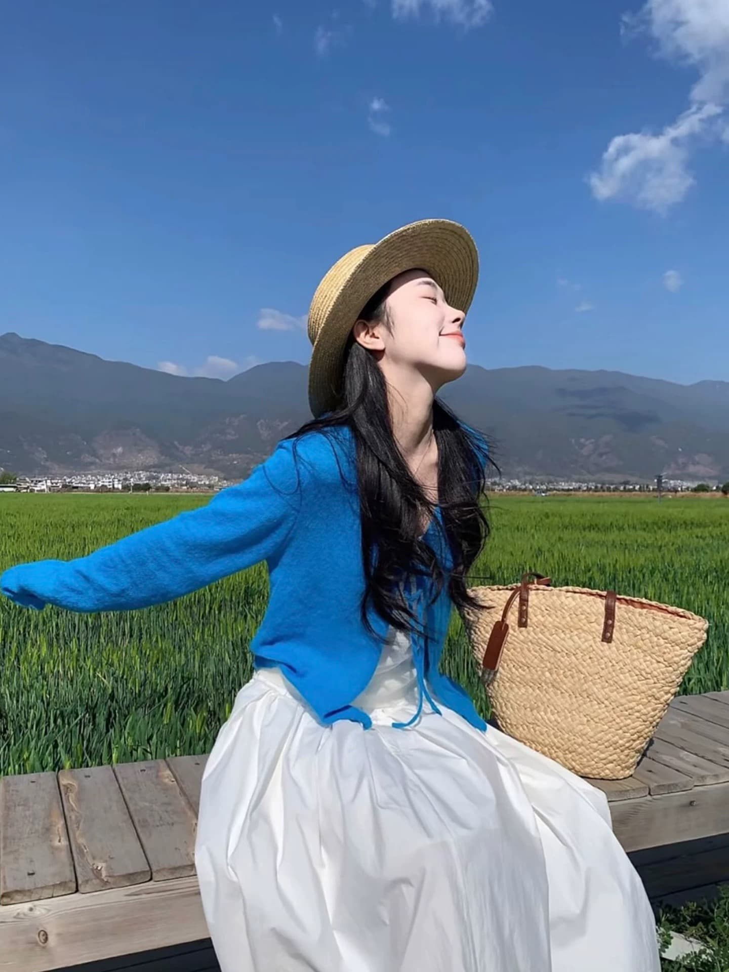 파란색 달콤함 레이스업 긴팔 자외선 차단 니트 오픈 가디건 여성 가을 겨울철 숄 해변가 고유 한 블라우스 재킷 이미지 2