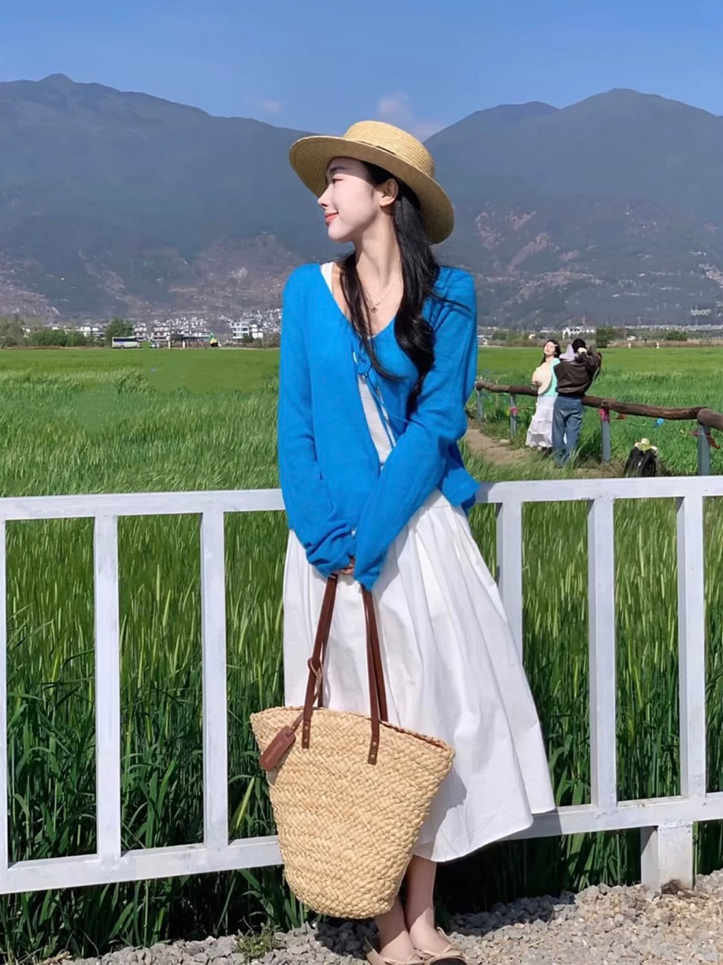 파란색 달콤함 레이스업 긴팔 자외선 차단 니트 오픈 가디건 여성 가을 겨울철 숄 해변가 고유 한 블라우스 재킷 이미지 3