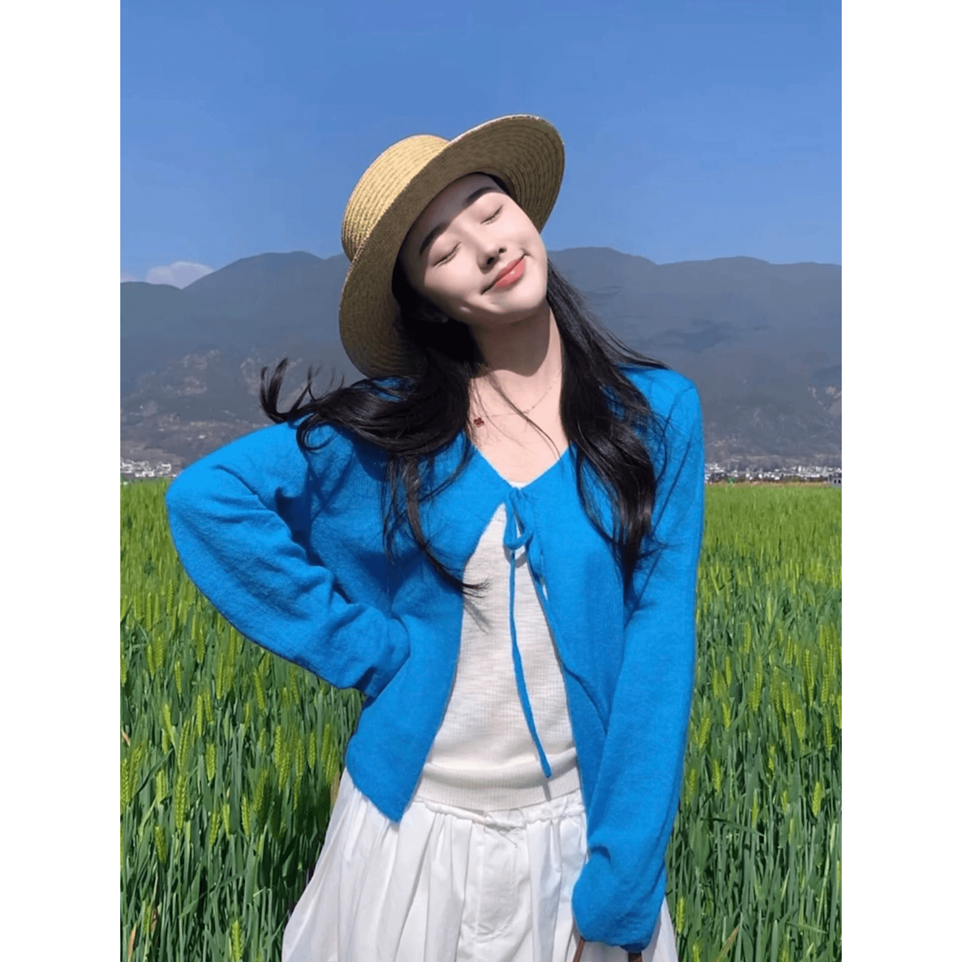 파란색 달콤함 레이스업 긴팔 자외선 차단 니트 오픈 가디건 여성 가을 겨울철 숄 해변가 고유 한 블라우스 재킷 이미지 5