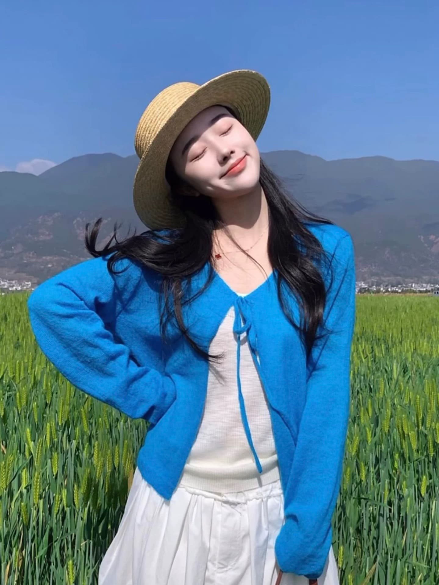 파란색 달콤함 레이스업 긴팔 자외선 차단 니트 오픈 가디건 여성 가을 겨울철 숄 해변가 고유 한 블라우스 재킷 상세 이미지 5