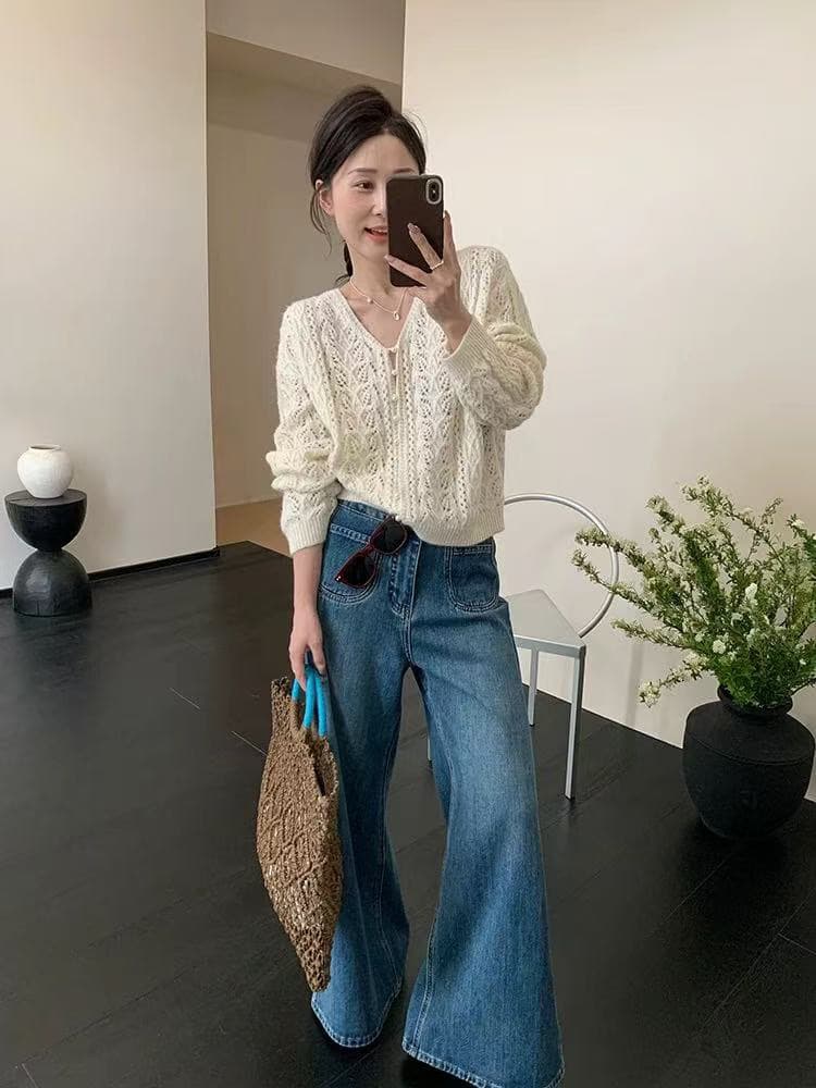 화이트 자수 V넥 홀로우 아웃 긴팔 니트 오픈 가디건 여성 여름 슬립 외부 가져 가라. 얼음 실크 자외선 차단 작은 숄 맨위 상세 이미지 4