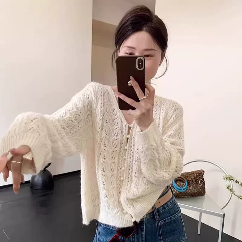 화이트 자수 V넥 홀로우 아웃 긴팔 니트 오픈 가디건 여성 여름 슬립 외부 가져 가라. 얼음 실크 자외선 차단 작은 숄 맨위 상세 이미지 7