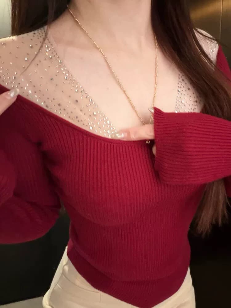 순수한 욕망 바람 핫걸 핫픽스 망사 패치워크 오프숄더 니트 스웨터 여성 가을 겨울 인사이드 가져 가라. 스웨터 만나는 품격 맨위 상세 이미지 6