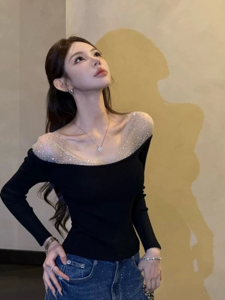 순수한 욕망 바람 핫걸 핫픽스 망사 패치워크 오프숄더 니트 스웨터 여성 가을 겨울 인사이드 가져 가라. 스웨터 만나는 품격 맨위 상세 이미지 1