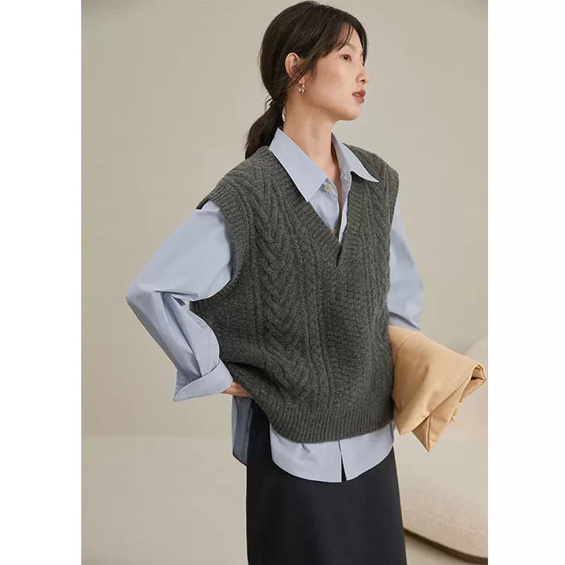 레트로 꽈배기 조끼 여자 봄 가을 조끼 니트 외부 가져 가라. V넥 루즈핏 스택 착용 어깨 느긋한 바람 가을 어깨 스웨터 상세 이미지 3