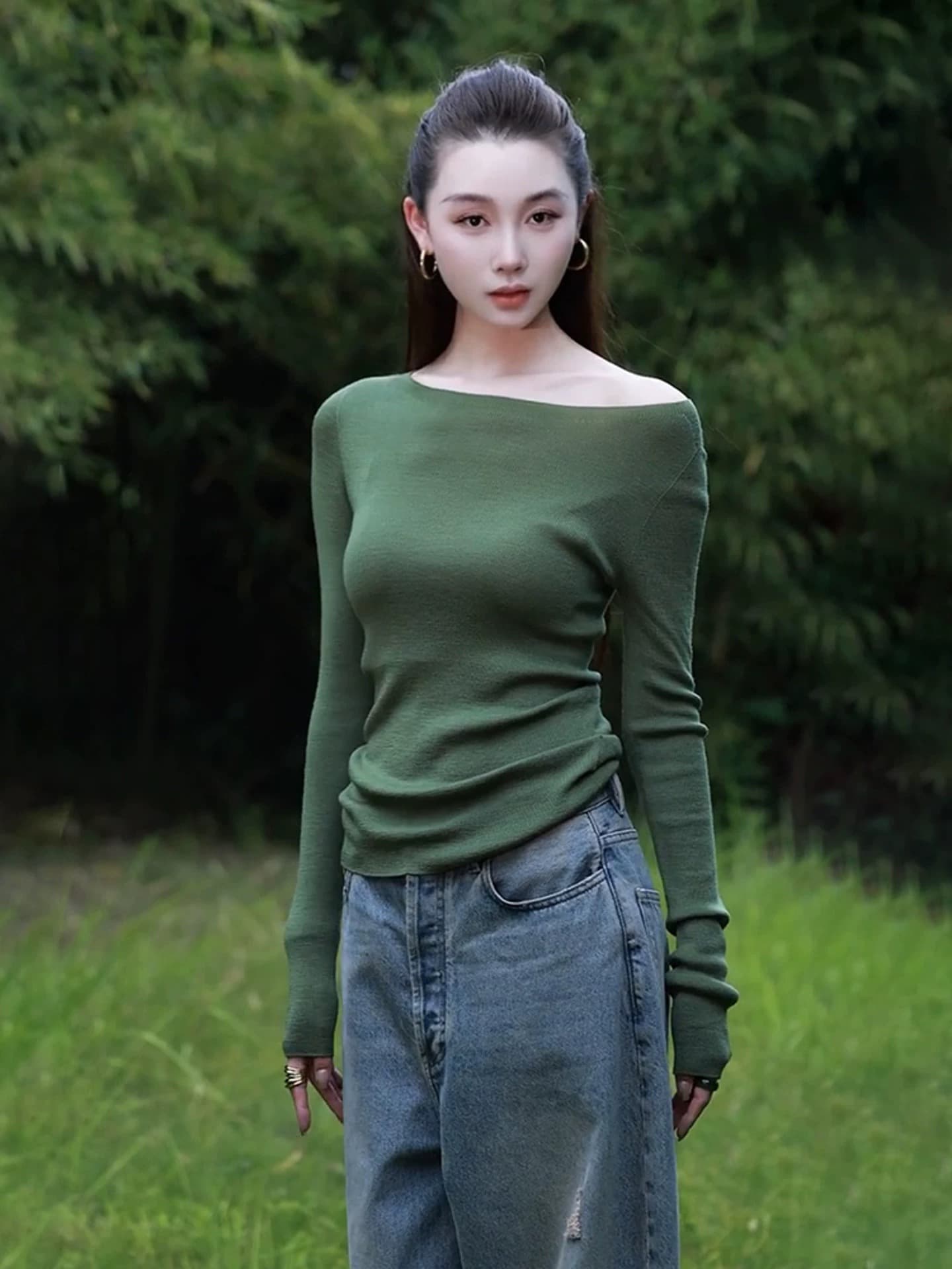 한 부서 착용 가져 가라. 슈퍼 잘 생긴 고유 한 아름다운 맨위 고급 작은 대중 아니요 명중 섹션 녹색 오프숄더 긴팔 티셔츠 여성 가을