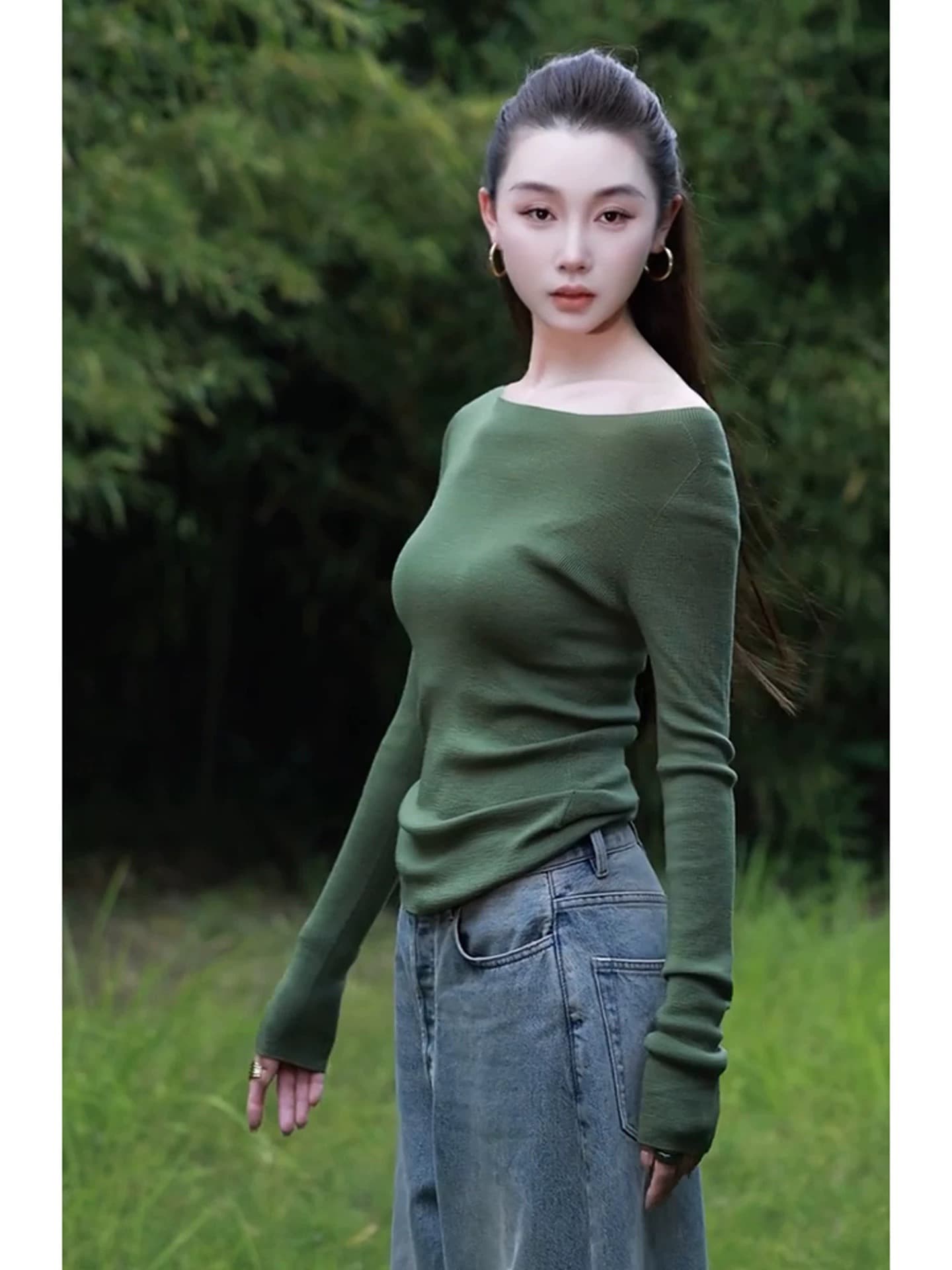 한 부서 착용 가져 가라. 슈퍼 잘 생긴 고유 한 아름다운 맨위 고급 작은 대중 아니요 명중 섹션 녹색 오프숄더 긴팔 티셔츠 여성 가을 이미지 3