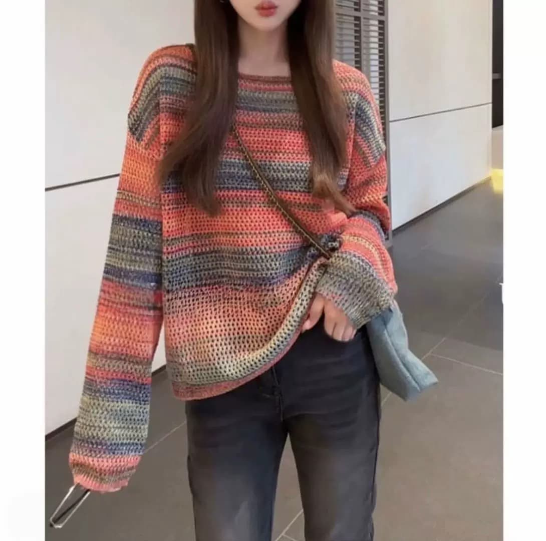 무지개 스트라이프 홀로우 아웃 니트 스웨터 여성 이른 가을 새로운 긴팔 루즈핏 다용도 슬림해 보이는 패션 품격 아름다운 맨위 상세 이미지 2