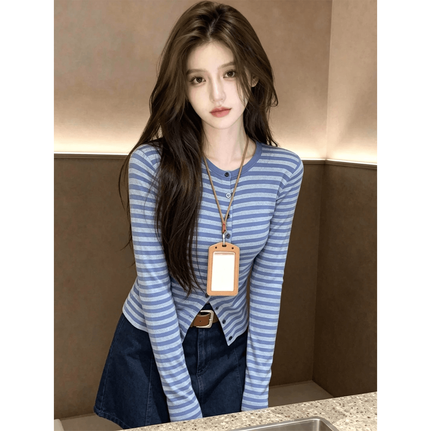 가을 여성 의류 파란색 스트라이프 니트 오픈 가디건 슈퍼 잘 생긴 작은 키 착용 가져 가라. 몸매 가꾸기 슬림해 보이는 다용도 긴팔 맨위 이미지 5