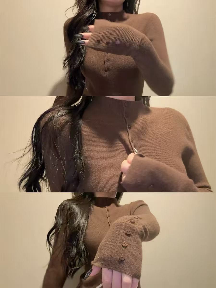 검정색 반 개방 칼라 기타 단추 허리 수축 몸매 가꾸기 인사이드 가져 가라. 만나는 니트 스웨터 여성 가을 아름다운 그레이트 봐 의류 상세 이미지 4