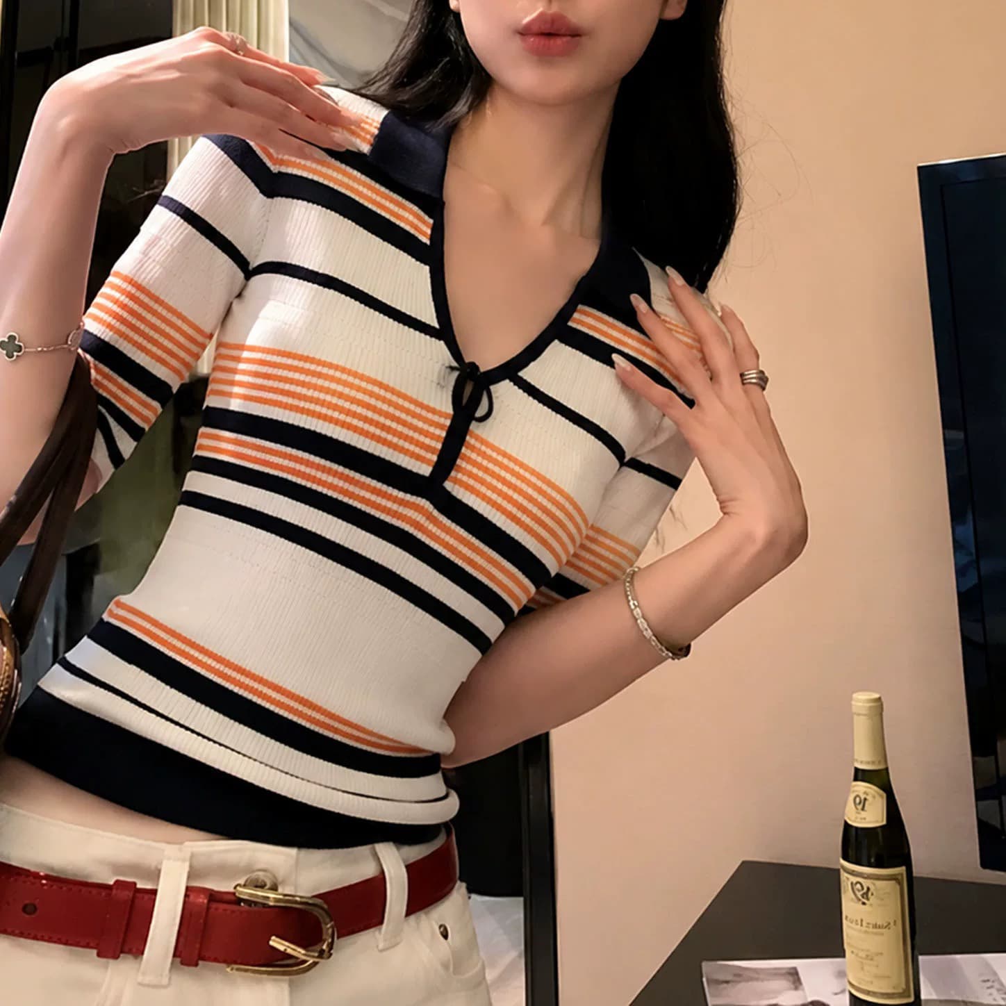 오래된 돈 출퇴근 원단 단단한 실제로 질감 긍정적 인 어깨 중간 소매 배색 몸매 가꾸기 스트라이프 니트 스웨터 상세 이미지 1