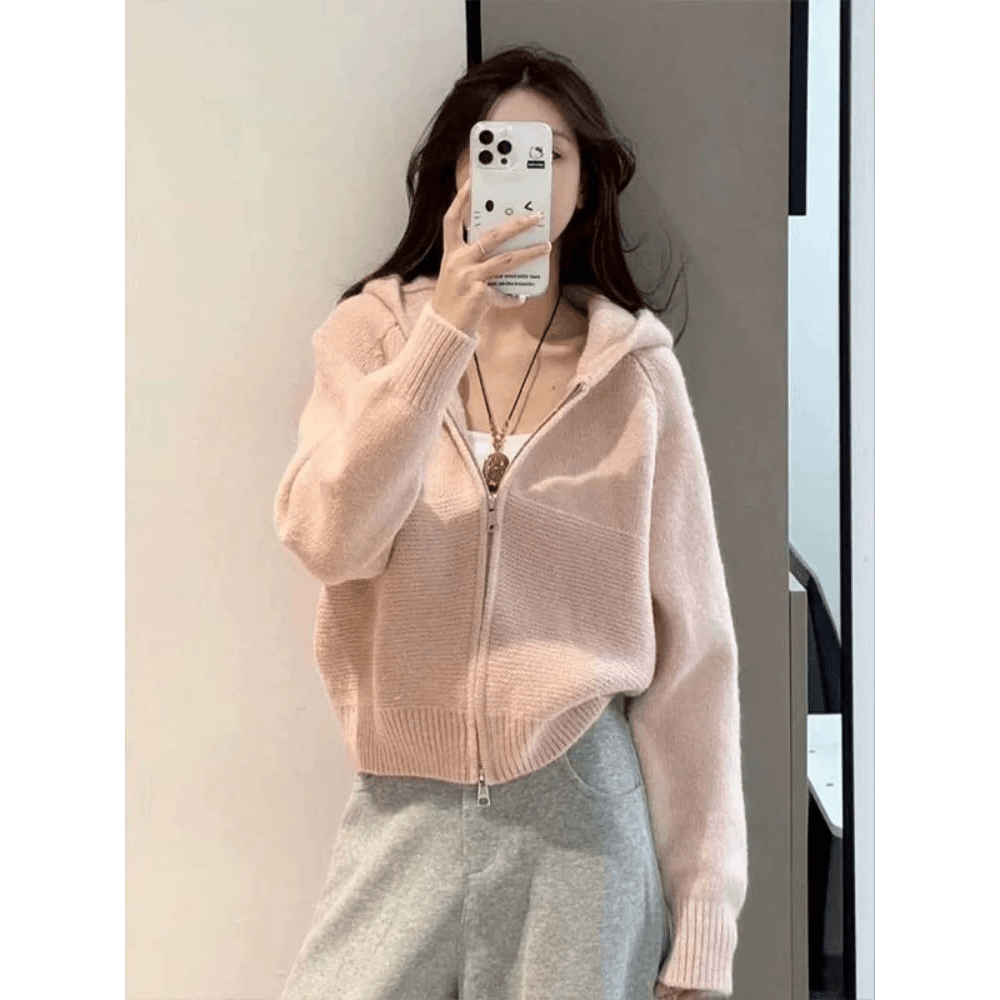 한 부서 분위기 센스 가을 겨울 착용 가져 가라. 핑크색 스웨터 외출용 여성 아름다운 지퍼 재킷 맨위 후드 니트 오픈 가디건 이미지 5